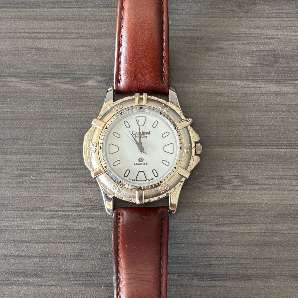 Vintage Cardinal NiteLite White Dial Men's Watch on Brown Leather Strap